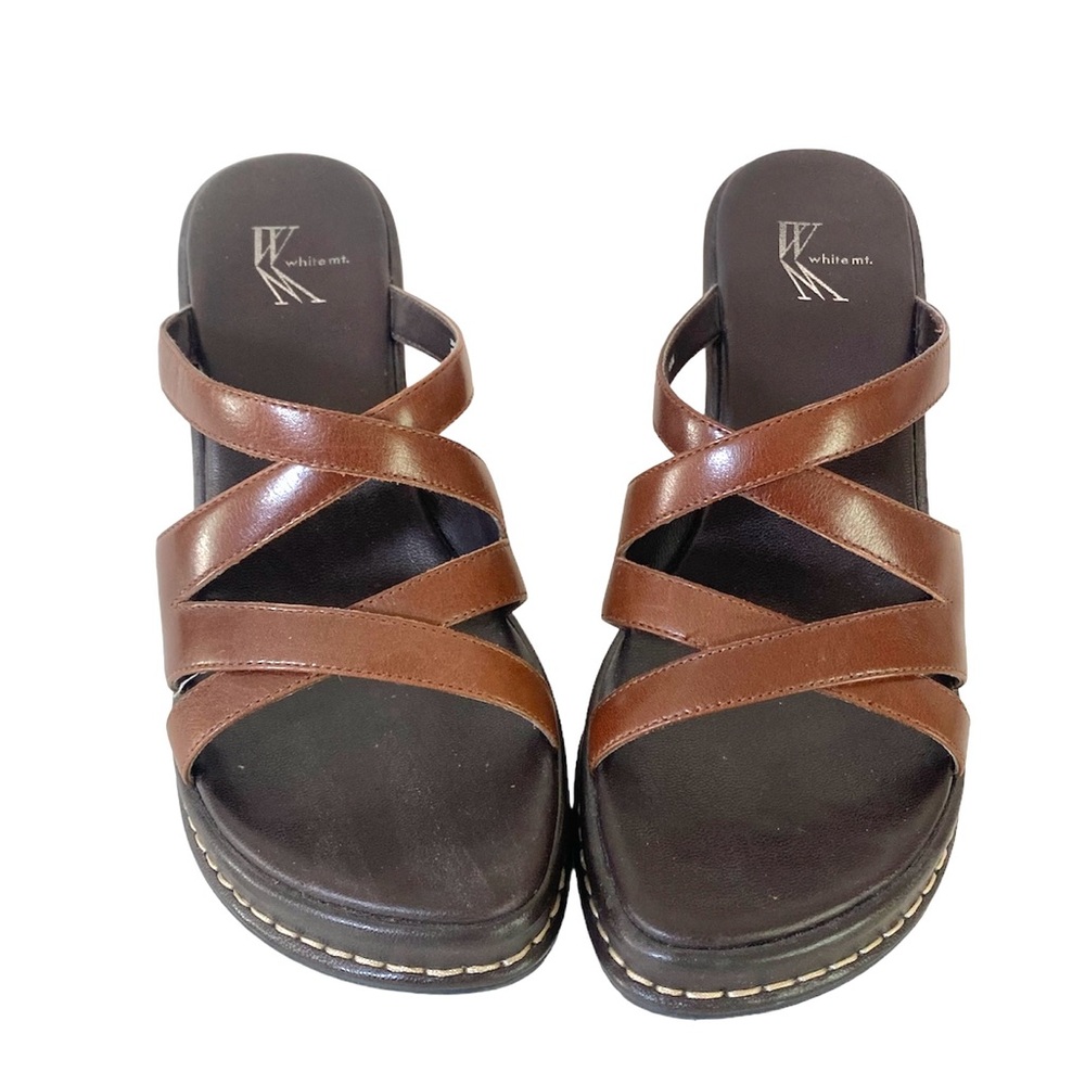 WHITE MTN Brown Leather Slip On High Wedge Sandals